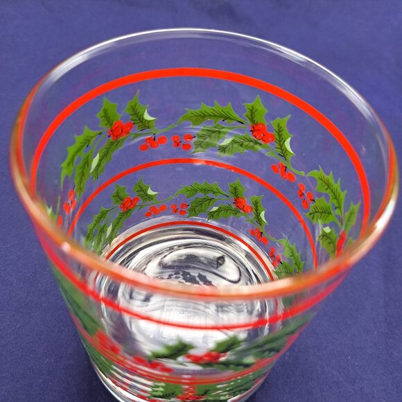 Christmas Holly Berry Old Fashioned Rocks Whisky Glass With Red Stripes - Picture 9 of 11